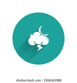 White Storm icon isolated with long shadow. Cloud with lightning and moon sign. Weather icon of storm. Green circle button. Vector Illustration