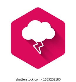 White Storm icon isolated with long shadow. Cloud and lightning sign. Weather icon of storm. Pink hexagon button. Vector Illustration