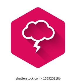 White Storm icon isolated with long shadow. Cloud and lightning sign. Weather icon of storm. Pink hexagon button. Vector Illustration
