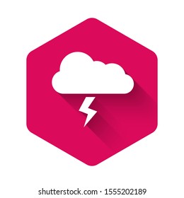 White Storm icon isolated with long shadow. Cloud and lightning sign. Weather icon of storm. Pink hexagon button. Vector Illustration