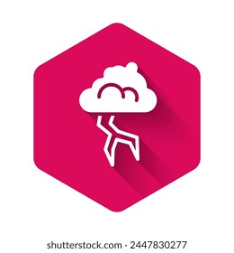 White Storm icon isolated with long shadow background. Cloud and lightning sign. Weather icon of storm. Pink hexagon button. Vector