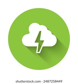 White Storm icon isolated with long shadow background. Cloud and lightning sign. Weather icon of storm. Green circle button. Vector