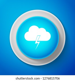 White Storm icon isolated on blue background. Cloud and lightning sign. Weather icon of storm. Circle blue button with white line. Vector illustration