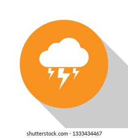 White Storm icon isolated on white background. Cloud and lightning sign. Weather icon of storm. Orange circle button. Flat design. Vector Illustration
