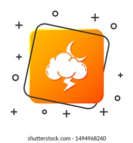 White Storm icon isolated on white background. Cloud with lightning and moon sign. Weather icon of storm. Orange square button. Vector Illustration