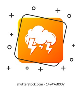 White Storm icon isolated on white background. Cloud and lightning sign. Weather icon of storm. Orange square button. Vector Illustration