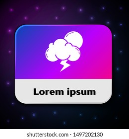 White Storm icon isolated on black background. Cloud with lightning and sun sign. Weather icon of storm. Rectangle color button. Vector Illustration