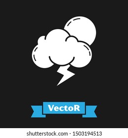 White Storm icon isolated on black background. Cloud with lightning and sun sign. Weather icon of storm.  Vector Illustration