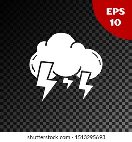 White Storm icon isolated on transparent dark background. Cloud and lightning sign. Weather icon of storm.  Vector Illustration