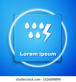 White Storm icon isolated on blue background. Drop and lightning sign. Weather icon of storm. Blue square button. Vector Illustration