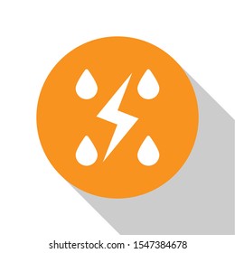 White Storm icon isolated on white background. Drop and lightning sign. Weather icon of storm. Orange circle button. Vector Illustration
