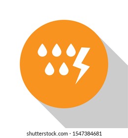 White Storm icon isolated on white background. Drop and lightning sign. Weather icon of storm. Orange circle button. Vector Illustration