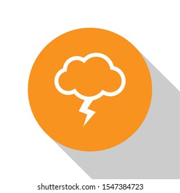White Storm icon isolated on white background. Cloud and lightning sign. Weather icon of storm. Orange circle button. Vector Illustration