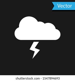 White Storm icon isolated on black background. Cloud and lightning sign. Weather icon of storm.  Vector Illustration