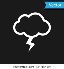 White Storm icon isolated on black background. Cloud and lightning sign. Weather icon of storm.  Vector Illustration