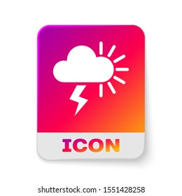 White Storm icon isolated on white background. Cloudy with lightning and sun sign. Weather icon of storm. Rectangle color button. Vector Illustration