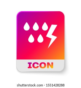 White Storm icon isolated on white background. Drop and lightning sign. Weather icon of storm. Rectangle color button. Vector Illustration