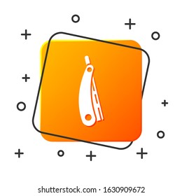 White Straight razor icon isolated on white background. Barbershop symbol. Orange square button. Vector Illustration