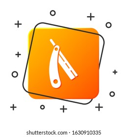 White Straight razor icon isolated on white background. Barbershop symbol. Orange square button. Vector Illustration