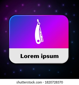 White Straight razor icon isolated on black background. Barbershop symbol. Rectangle color button. Vector Illustration