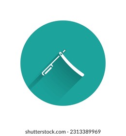 White Straight razor icon isolated with long shadow. Barbershop symbol. Green circle button. Vector Illustration