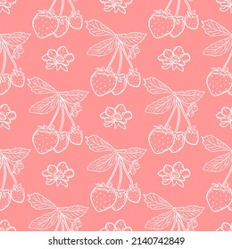 White strawberries on pink background seamless pattern. Berry background for fabric, paper and wallpaper. Template with berries flowers and leaves vector illustration.