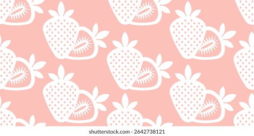 Padrão de morangos brancos com fundo rosa. Frutos inteiros e metades com sementes e núcleo visíveis. Design mínimo e suave e perfeito 