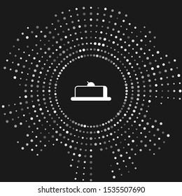 White Strawberry cheesecake slice with fruit topping icon isolated on grey background. Abstract circle random dots. Vector Illustration