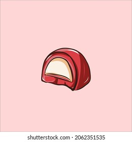 White strawberry chocolate with cream filling vector illustration on the pink background. Delicious luxury pink strawberry praline. Sweet chocolate isolated on the pink.