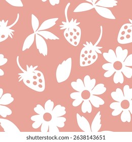 White strawberry and flower silhouette pattern on pink background seamless pattern for fabric, textiles, clothing, wallpaper, cover, banner, home decor, florals backgrounds