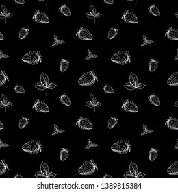 White strawberry on black. Strawberry background. Hand sketched white berries and leaves from strawberries on black background. Seamless vector wallpaper.
