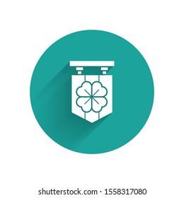 White Street signboard with four leaf clover icon isolated with long shadow. Suitable for advertisements bar, cafe, pub. Green circle button. Vector Illustration