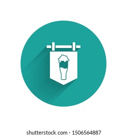 White Street signboard with glass of beer icon isolated with long shadow. Suitable for advertisements bar, cafe, pub, restaurant. Green circle button. Vector Illustration
