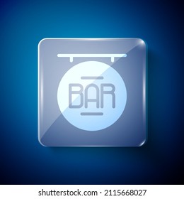 White Street signboard with inscription Bar icon isolated on blue background. Suitable for advertisements bar, cafe, restaurant. Square glass panels. Vector Illustration