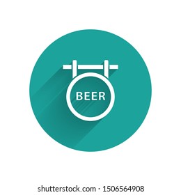 White Street signboard with inscription Beer icon isolated with long shadow. Suitable for advertisements bar, cafe, pub, restaurant. Green circle button. Vector Illustration