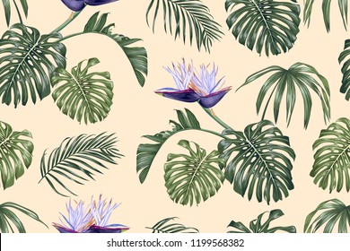 White strelitzia and tropical leaves. Seamless vector pattern.