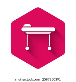 White Stretcher icon isolated with long shadow. Patient hospital medical stretcher. Pink hexagon button. Vector Illustration