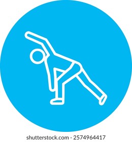 A white stretching icon on a light blue circular background, symbolizing flexibility and wellness. The design conveys a sense of movement and health, promoting vitality and an active lifestyle in a mi