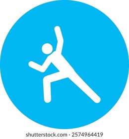 A white stretching icon on a light blue circular background, symbolizing flexibility and wellness. The design conveys a sense of movement and health, promoting vitality and an active lifestyle in a mi