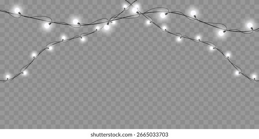 White String Lights with Bulbs on Transparent Background