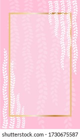 White strings of pearls plant print gold frame on pink background vertical banner