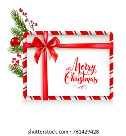 White stripe Christmas frame tied with a red shiny ribbon bow. Design element for Christmas, birthday, anniversary, new year, party or other celebrations and events.