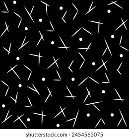 White stripe and polka on black seamless pattern. Fashion graphic background design. Abstract texture. Monochrome template for prints, textiles, wrapping, wallpaper. Vector illustration