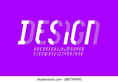 White striped font, trendy alphabet, modern uppercase italic letters and numbers, vector illustration 10EPS