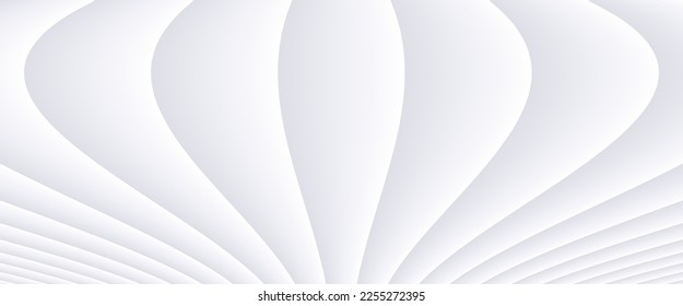 Weißer gestreiftes Musterbanner, 3D-Linien, gewellter Musterhintergrund, abstrakter, symmetrischer, minimaler weißer Hintergrund für Geschäftsvorträge, Vektorgrafik.
