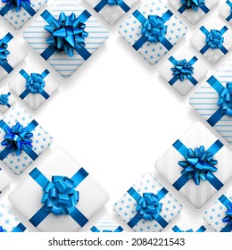 White striped and polka dot gift boxes with blue bow. Christmas, birthday, holiday frame. Top view. Vector illustration.