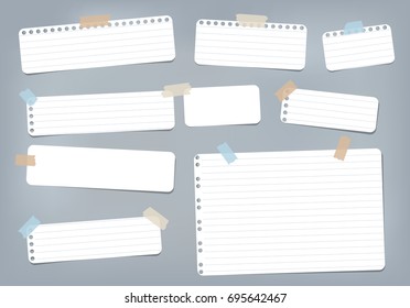 White striped, ruled note, copybook, notebook paper stuck with sticky tape on blue background.