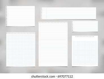 White striped, ruled, squared note, copybook, notebook paper stuck on grey background.