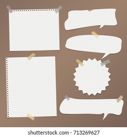 White striped speech bubbles, note, copybook, notebook paper with stuck on brown background.
