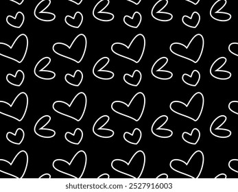 Formas blancas del corazón del golpe diseño inconsútil con el tema oscuro del fondo. El corazón ama el diseño del Vector del patrón del doodle. Cariño. Devoción. Obsesión.
